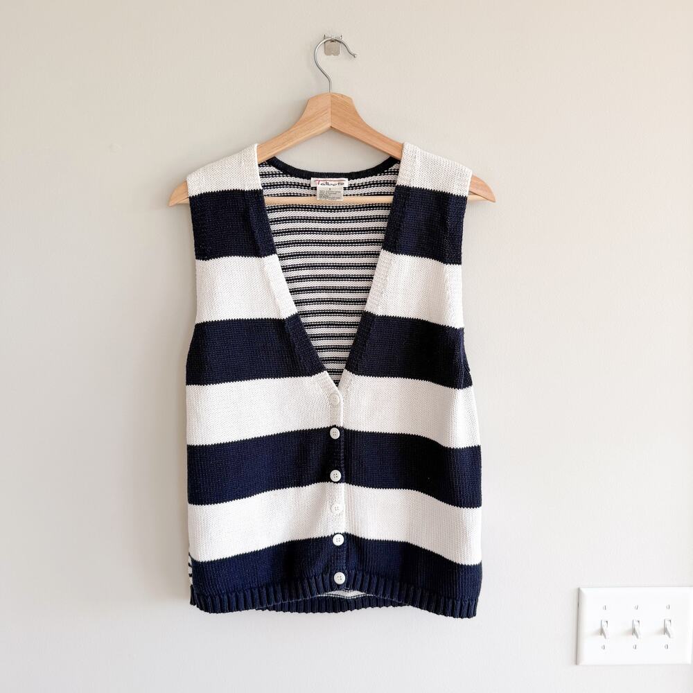 Talbots Knit Striped Button Front Cotton Sweater Vest Blue White S